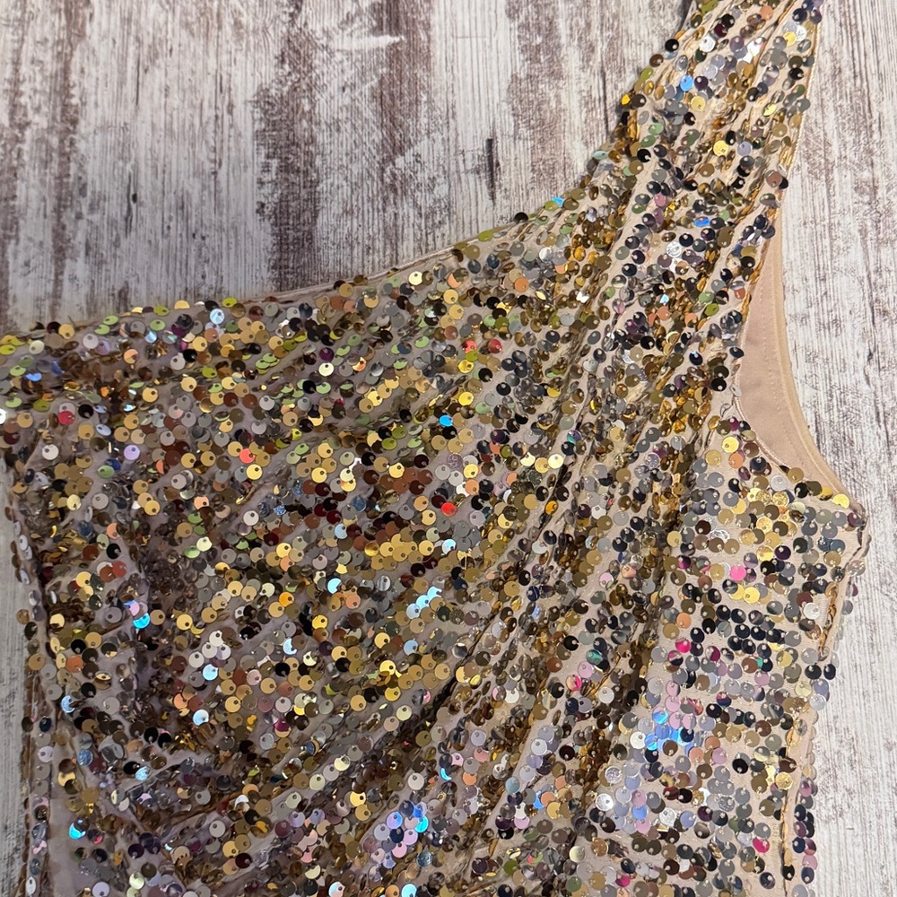 Deb Asymmetrical Sequin One Shoulder Dress Gold Silver Women’s Size Medium - Picture 4 of 7